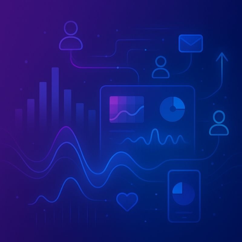 1:1 digital illustration with charts, graphs, musical waveforms, fan icons, email and engagement symbols, and glowing connection lines, all on a purple-to-blue gradient background.