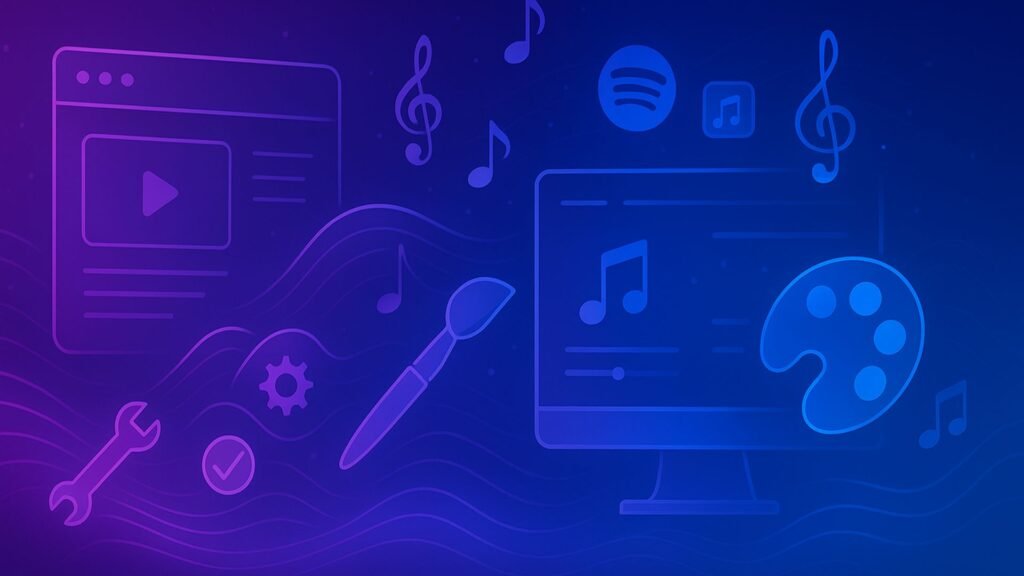 16:9 illustration featuring website wireframes, design tools, music player interfaces, sound waves, streaming icons, and creative branding in a purple-to-blue gradient