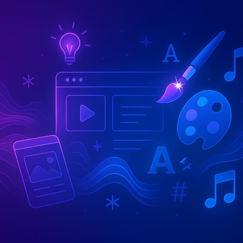 Ethereal digital illustration featuring an abstract website wireframe, artistic tools (paintbrush, palette), flowing sound waves, musical elements, and creative spark effects on a purple-to-blue gradient background.