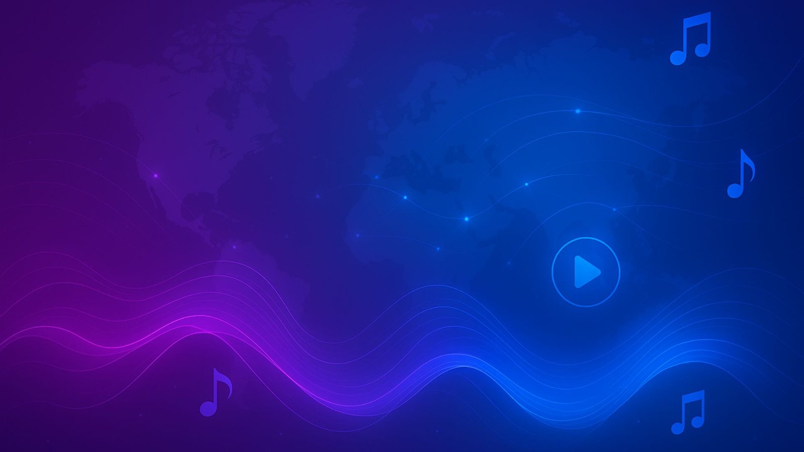 Abstract digital illustration with a smooth purple-to-blue gradient, faint world map outline, glowing sound waves, streaming connection arcs, digital network nodes, and minimalist music icons, visualizing global music distribution.