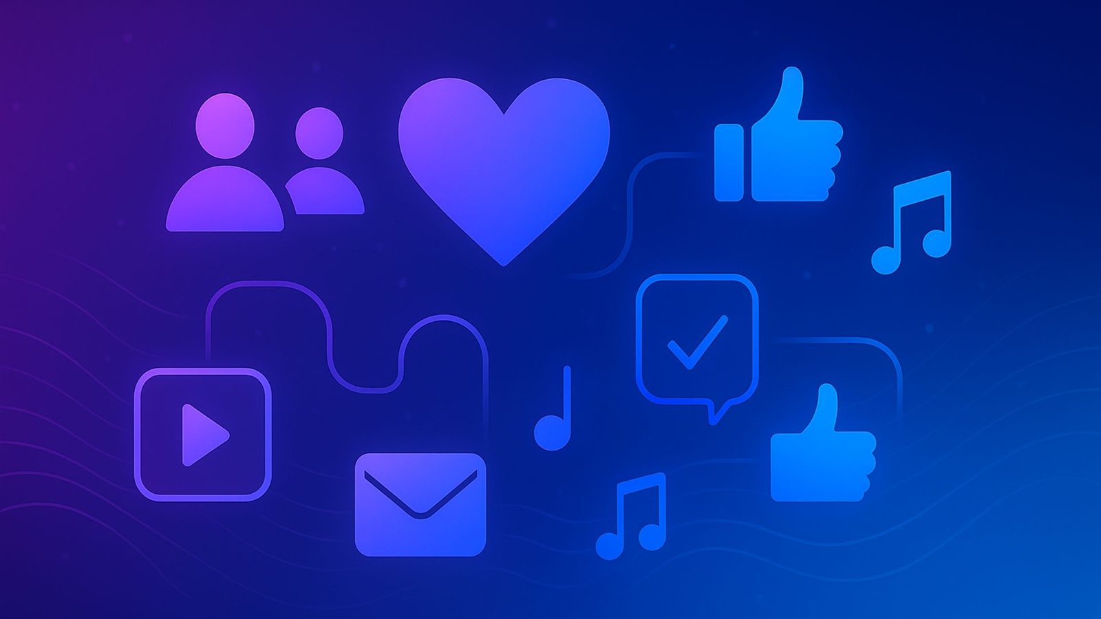 16:9 digital illustration with heart, user icons, thumbs-up, envelope, play button, and musical notes connected by flowing lines and sound waves in a purple-to-blue gradient