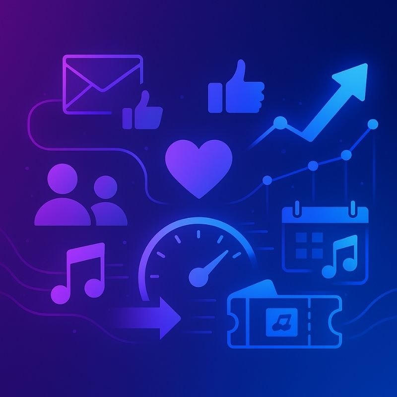 1:1 digital illustration with casual listener and devoted fan icons, heart and musical symbols, email and social media icons, ticket and merch symbols, rising analytics graphs, and community connection lines on a purple-to-blue gradient background.
