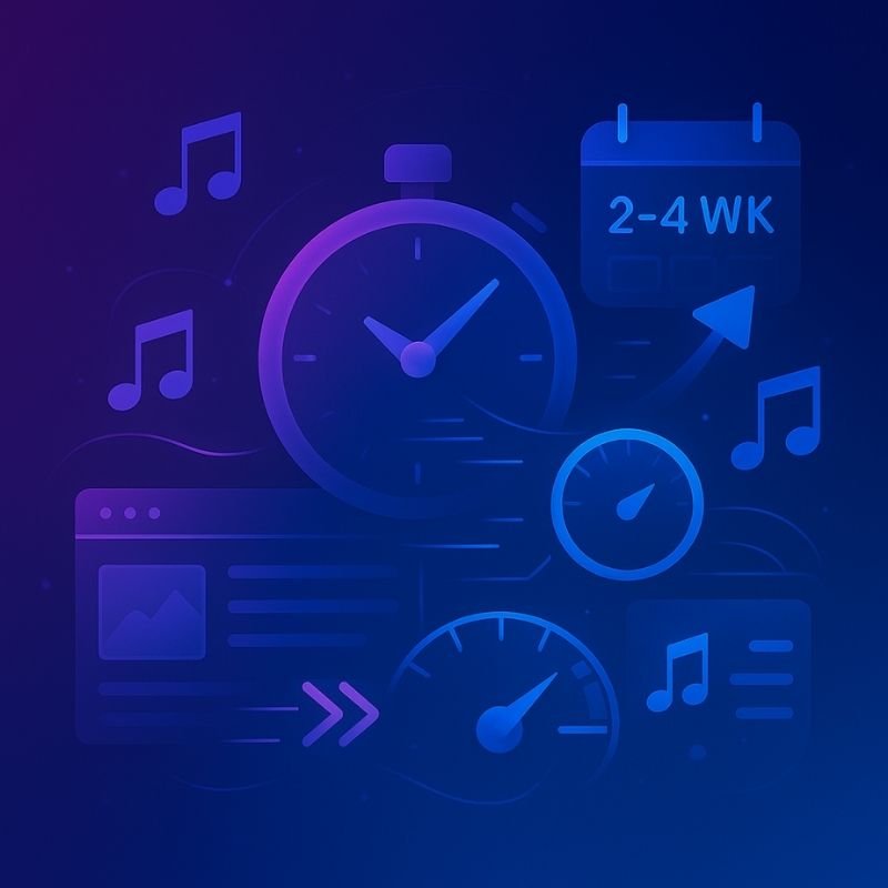 1:1 digital illustration with a glowing stopwatch, calendar showing “2-4 WK,” speedometers, fast-forward symbols, website and musical note icons, all on a purple-to-blue gradient background.