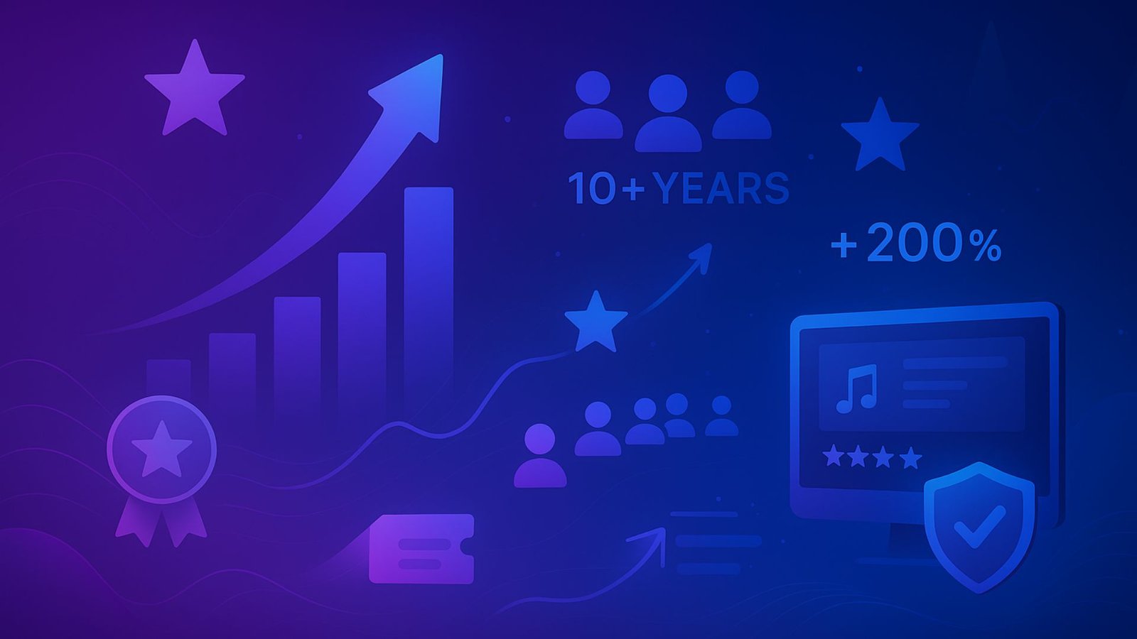 16:9 digital illustration with upward-trending charts, graphs, star icons, achievement badges, timeline for 10+ years, multiplying fan/user icons, streaming metrics, professional website mockup, shield and checkmark trust symbols, all on a purple-to-blue gradient.