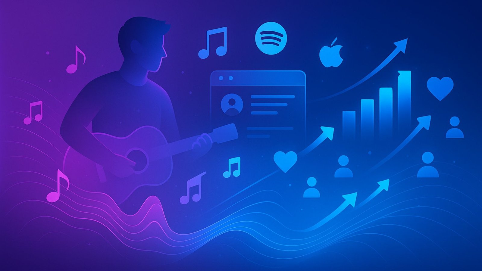 Abstract digital illustration of a musician with a guitar, radiant sound waves, and musical notes transforming into streaming, website, fan connection, and growth icons on a purple-to-blue gradient background.
