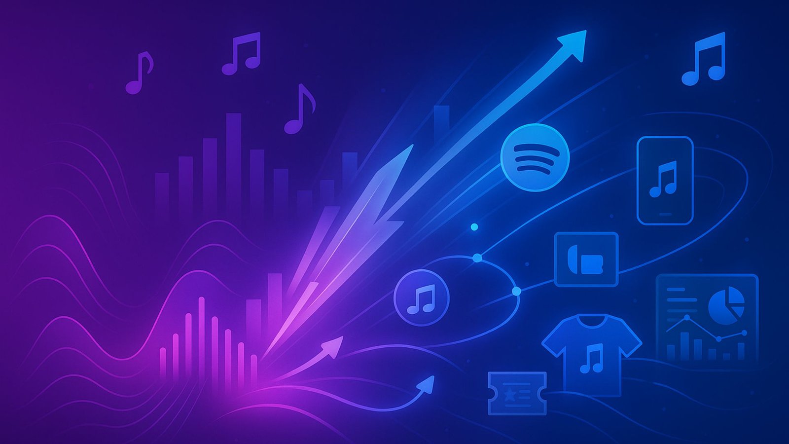Ethereal digital background with a purple-to-blue gradient, sound waves and equalizer bars transforming into energy beams, connecting to streaming, social media, analytics, mobile, merchandise, and tour icons, representing music’s digital growth.