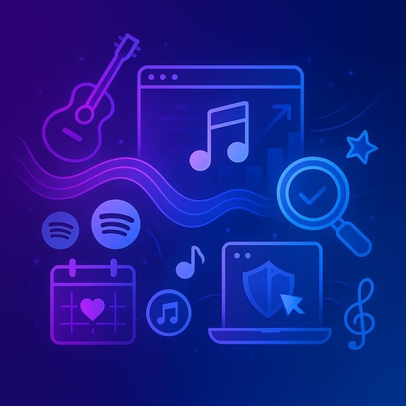 1:1 digital illustration featuring musical instruments, sound waves merging with web design elements, Spotify and Apple Music logos, tour calendar, fan engagement icons, magnifying glass, and specialty tools on a purple-to-blue gradient background.