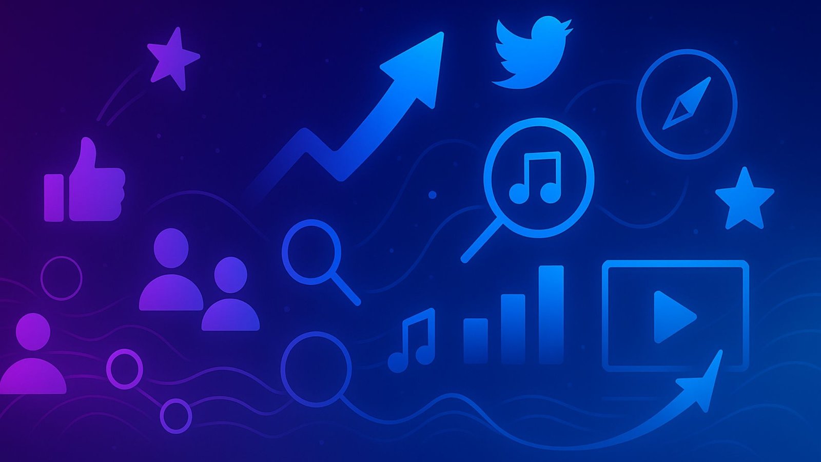 16:9 digital illustration with growth arrows, social media icons, sound waves, SEO tools, music notes, audience reach, and streaming integration in a purple-to-blue gradient