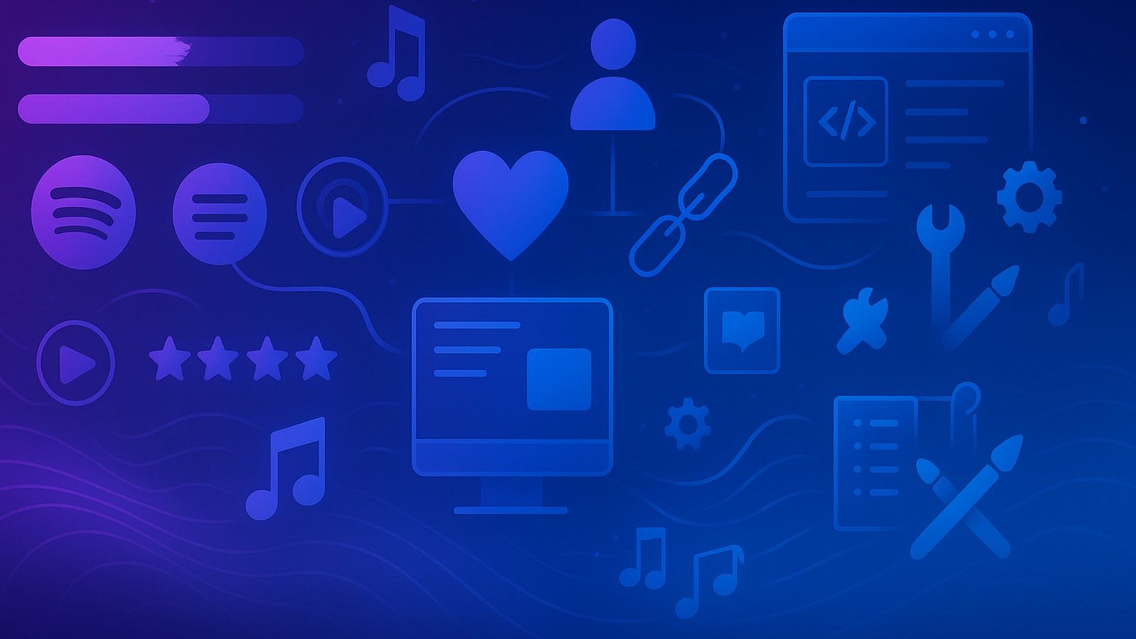 Digital illustration showing technical expertise for music websites with progress bars, streaming icons, code and design tools, and fan engagement symbols in a purple-blue gradient