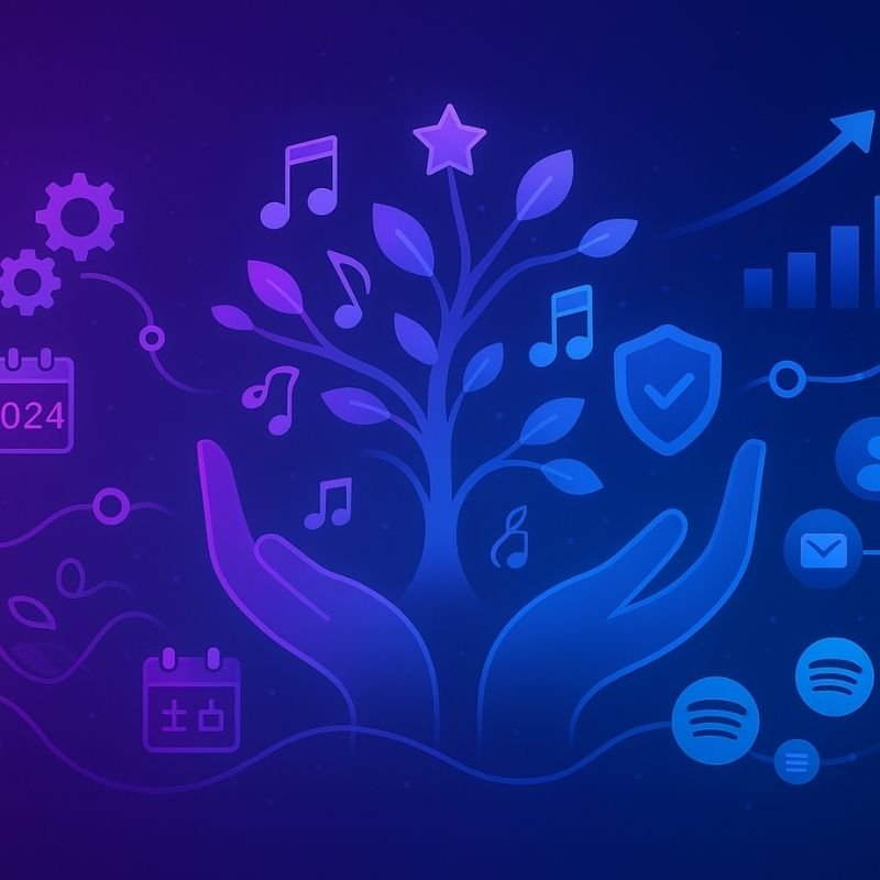 1:1 digital illustration of a glowing tree with musical notes and sound waves as leaves, supported by hands, with timeline milestones, shield, gears, calendar, tour dates, upward arrows, and streaming platform icons on a purple-to-blue gradient background.