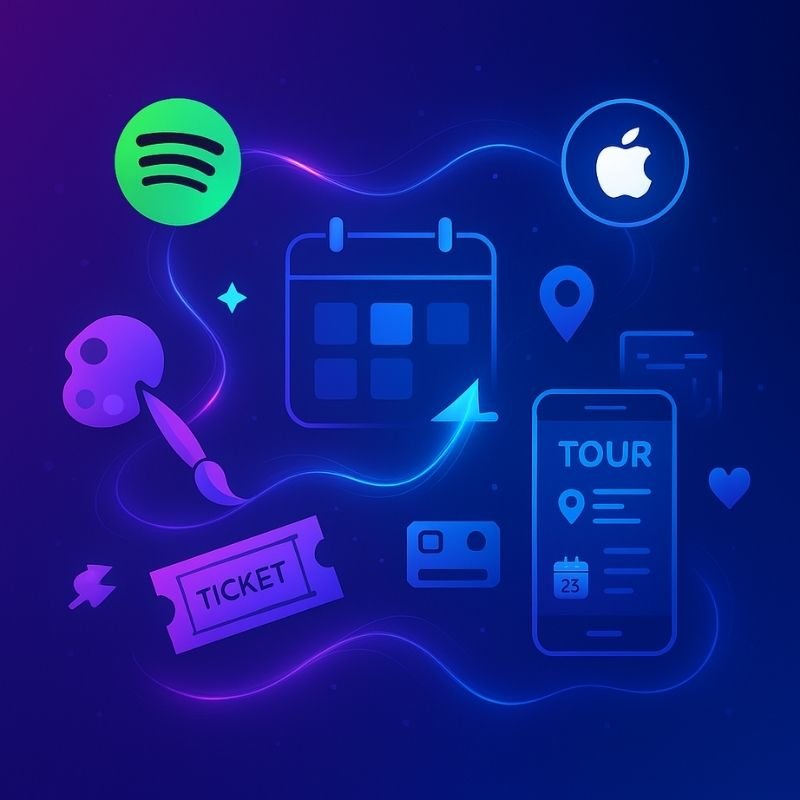 1:1 digital illustration with Spotify and Apple Music icons connected by glowing energy lines, tour calendar, ticket symbol, event management icons, and mobile device displaying tour information on a purple-to-blue gradient background.