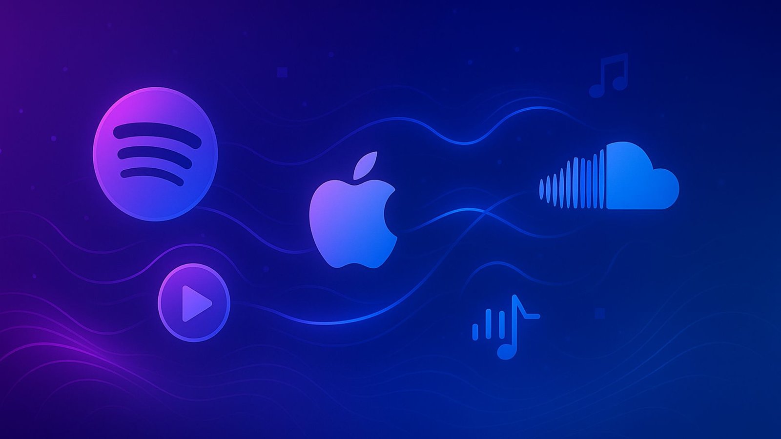 Digital icon illustration of Spotify, Apple Music, and SoundCloud logos connected by glowing energy lines, sound waves, and play button in a purple-blue gradient