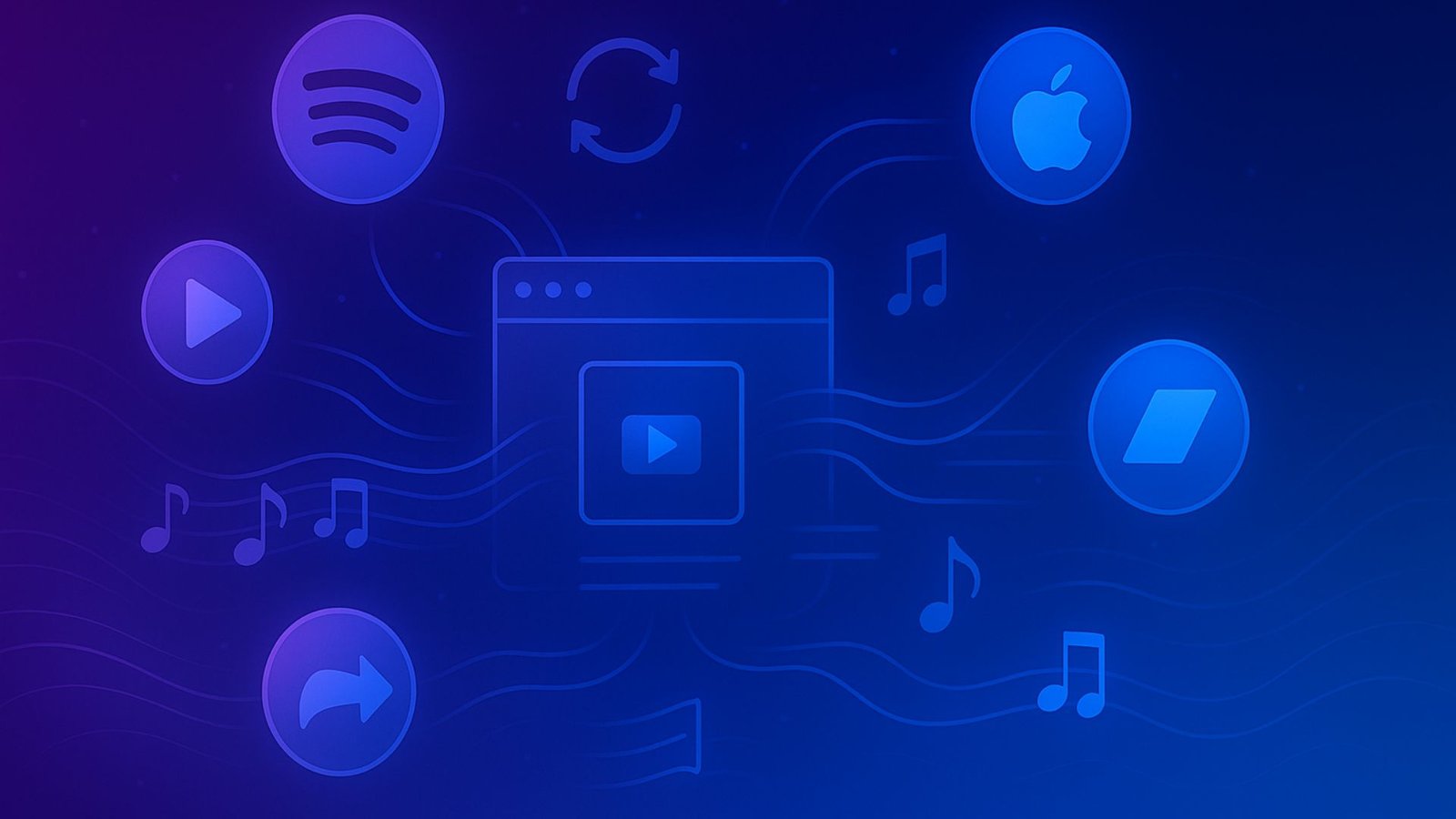 16:9 digital illustration with a central website hub connected to Spotify, Apple Music, SoundCloud, and Bandcamp logos by glowing lines, with play, sync, and share icons on a purple-to-blue gradient