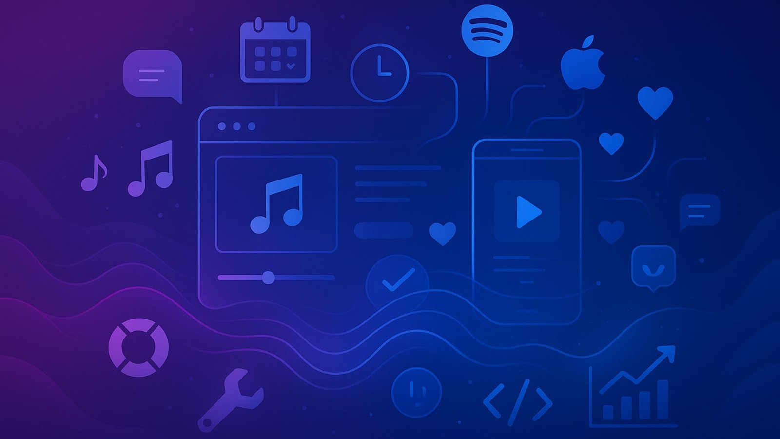 Abstract digital illustration featuring website wireframes, mobile device mockups, play buttons, streaming platform icons, tour date calendars, fan engagement and support symbols, code brackets, and analytics charts on a purple-to-blue gradient background.