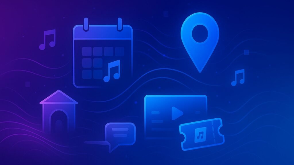 16:9 icon illustration with calendar, event pin, ticket, venue, play button, and musical notes connected by flowing lines in a purple-blue gradient